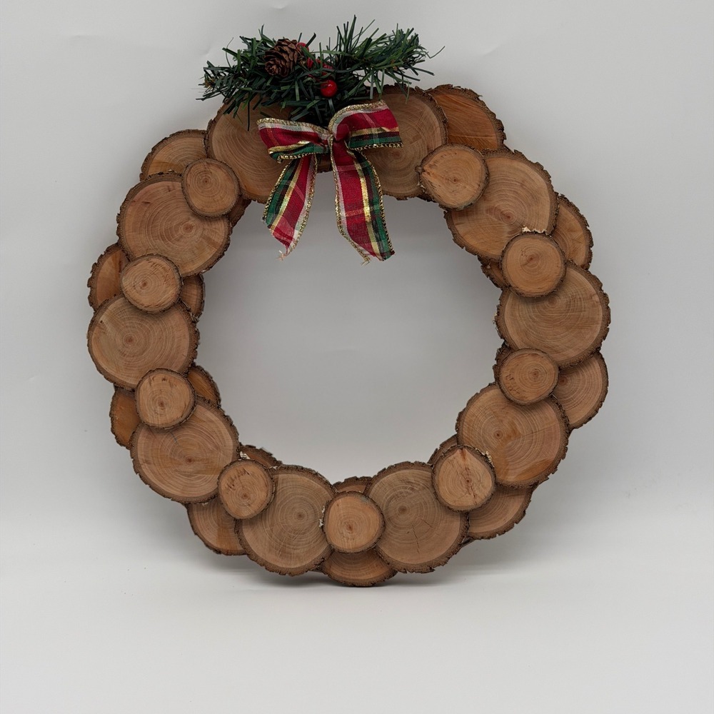 Rustic Christmas Wood Slice Wreath Plaid Bow Pinecone Holiday Wall Decor 13.5in